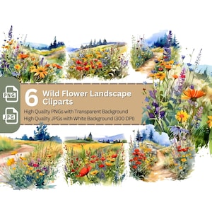 Wilde Blume Landschaft 6x PNG Clip Art Bundle Aquarell Sommer Wiese Design Kartenherstellung Papier Basteln Kinder Buch Clipart Einladung