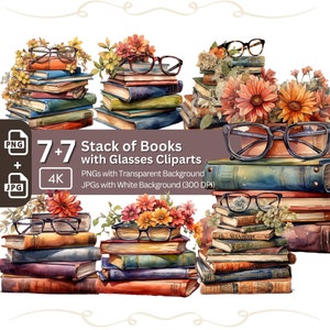 Stack of Books with Reading Glasses and Flower Accents Clipart 7+7 PNG JPG Bundle Illustration invitations bullet journal digital projects