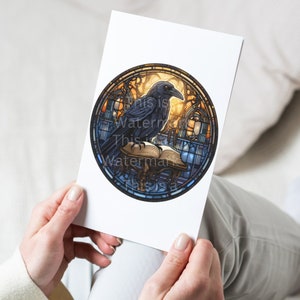 May include: A stained glass style illustration of a black raven perched on an open book. The raven is looking to the right. The background is a colorful stained glass design with a yellow, orange, and blue color scheme.