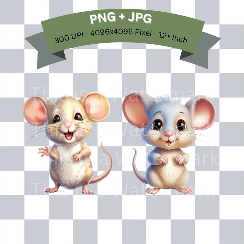 May include: Two cartoon mice, one with light brown fur and the other with gray fur, are standing side-by-side. Both mice have pink ears and noses, and they are smiling.