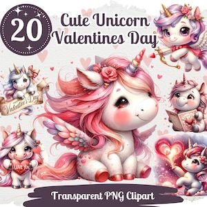 Unicorno di San Valentino Clipart 20 PNG Bundle Simpatico set di San Valentino Kit per diario spazzatura di creazione di carte per aule Unicorni dolci romantici