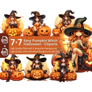 Pompoen Heks Clipart 7+7 PNG/JPG Bundel Halloween Uitnodigingskaart Ontwerp Papier Crafting Boek Clipart Hekserij Grafisch Mooie Heks