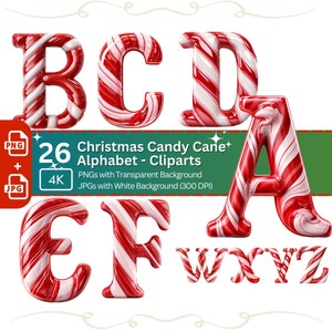 Candy Cane Alphabet Clipart 26 PNG Pacote Natal Doce Fonte Clipart Cartão Fazendo Gráfico Digital Paper Craft Holiday Letter Gráfico