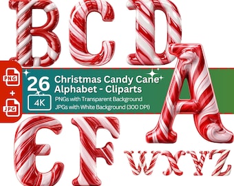 Candy Cane Alphabet Clipart: Christmas Font, 26 PNG Bundle (Digital Download)