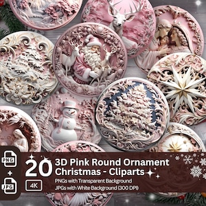 Adorno navideño rosa 3D 20 PNG Paquete Diseño de sublimación Pegatinas redondas festivas Efecto 3D elegante Decoración navideña redonda Clipart