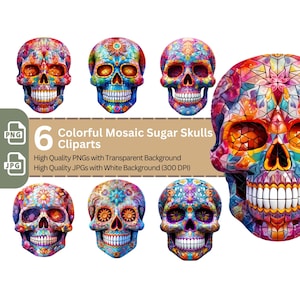 Teschi di zucchero colorati PNG Clip Art Bundle Cinco de Mayo Sublimazione Tumbler Design Creazione di biglietti T-shirt Giorno dei morti Scrapbook Design