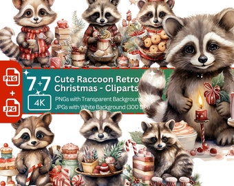Christmas Raccoon Clipart Bundle: Festive Winter Animals (PNG, JPG)