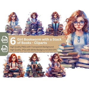 Fille apprenant sur une pile de livres PNG Clip Art Bundle pour les amateurs de livres Sublimation Tumbler Card Making T-Shirt Nursery Art Scrapbook Design