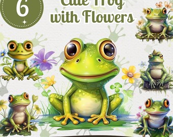 Cute Frog Flower Clipart Set, Nursery Art (PNG, JPG)