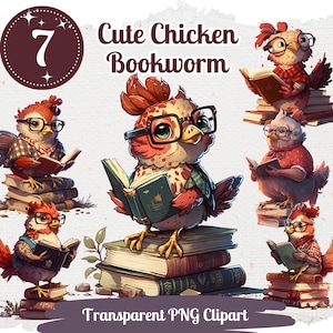 Schattige kip lezen clipart 7 PNG bundel stapel boeken grafische boekenliefhebbers grafische boekenwurm clipart grappige kip ontwerp digitaal knutselen