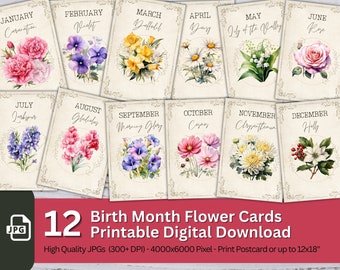 Birth Month Flower Card 12x Digital Paper Clip Art Bundle Watercolor Digital Crafts Design Birthday Print Creator Graphic Botanical Clipart