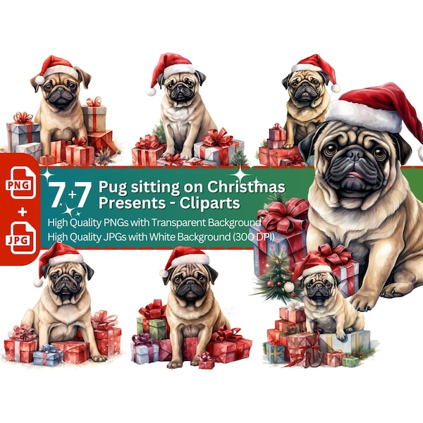 Pug with Christmas Gifts 7+7 PNG Clip Art Bundle Festive Decoration Digital Crafts Design Holiday Graphic Clipart Dog with Santa Hat