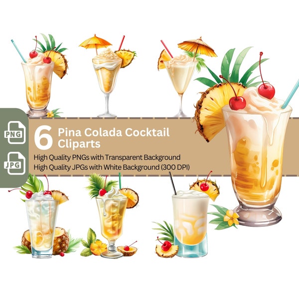 Pina Colada Cocktail 6x PNG Clip Art Bundle Classic Summer Cocktail Menu Clipart Digital Illustrations Spirits Summer Beverages Art