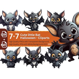 Słodkie nietoperze Clipart 7+7 PNG Pakiet Halloween Zaproszenie Karta Projekt Papieru Rzemiosło Książka Clipart Halloween Party Dzieci Powieść Grafika