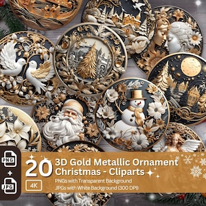 3D Gold Weihnachten Ornament 20 PNG Bundle Sublimation Design Festliche Runde Aufkleber Stilvolle 3D-Effekt Runde Weihnachtsdekoration Clipart