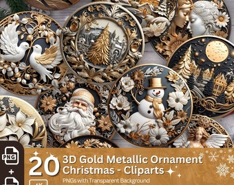 3D Gold Christmas Ornament 20 PNG Bundle Sublimation Design Festive Round Stickers Stylish 3D Effect Round Christmas Decoration Clipart