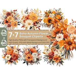 Boho automne fleur Bouquet 7 + 7 PNG Clip Art Bundle automne mariage impression sur mariage Invitations cartes papier artisanat automne mariage couleurs Clipart