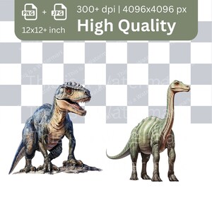 May include: Two dinosaurs, a green and brown brachiosaurus and a blue and brown tyrannosaurus rex, are standing on a white background. The brachiosaurus is on the right side of the image and the tyrannosaurus rex is on the left side of the image.