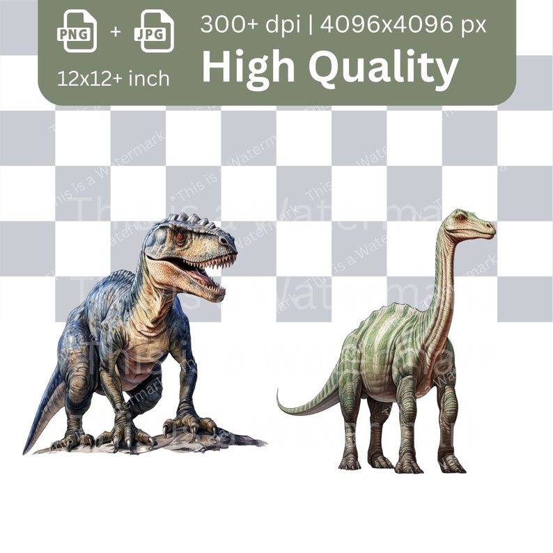 May include: Two dinosaurs, a green and brown brachiosaurus and a blue and brown tyrannosaurus rex, are standing on a white background. The brachiosaurus is on the right side of the image and the tyrannosaurus rex is on the left side of the image.