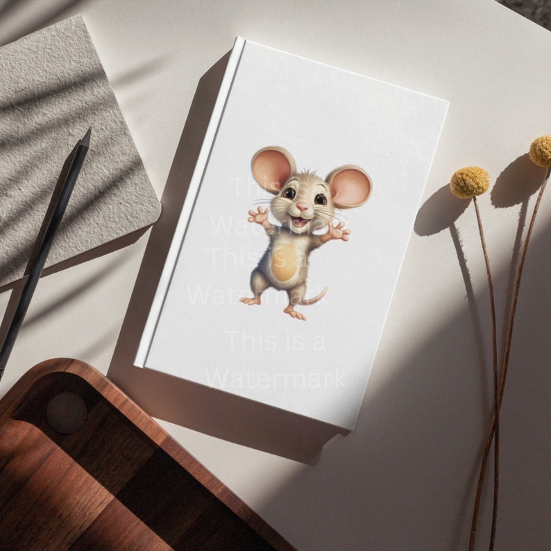 May include: A white notebook with a cartoon illustration of a smiling gray mouse with big ears and a yellow belly. The mouse is standing on its hind legs with its front paws raised.