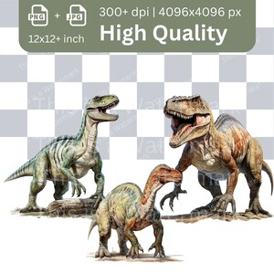 May include: Three dinosaurs in a digital illustration. A green and brown dinosaur with a long neck and tail is standing on a log. A brown and orange dinosaur with a long neck and tail is standing on the ground. A brown and tan dinosaur with a long tail and a large head is standing on the ground.