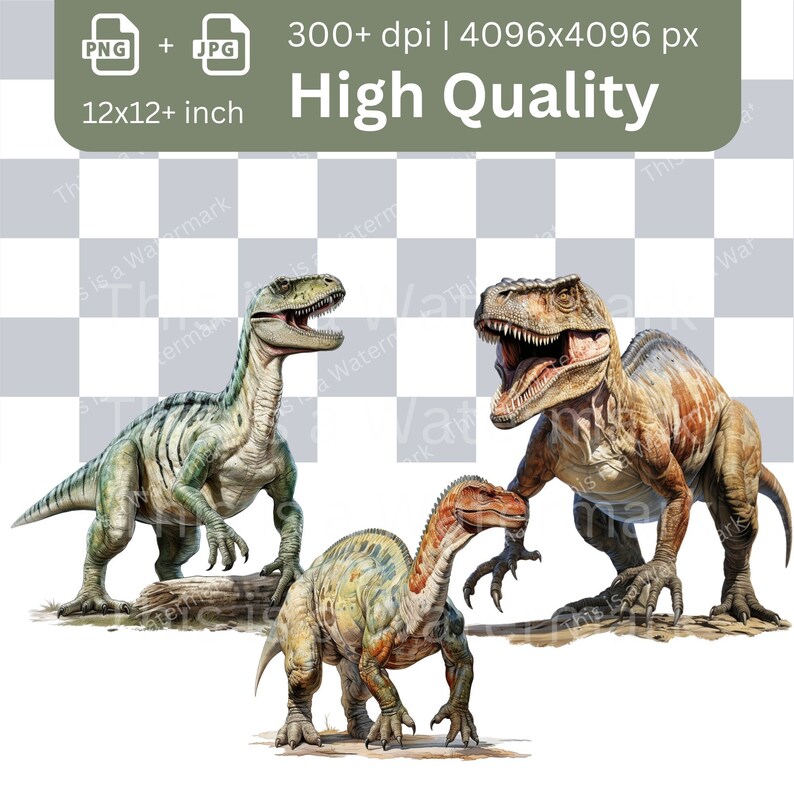 May include: Three dinosaurs in a digital illustration. A green and brown dinosaur with a long neck and tail is standing on a log. A brown and orange dinosaur with a long neck and tail is standing on the ground. A brown and tan dinosaur with a long tail and a large head is standing on the ground.