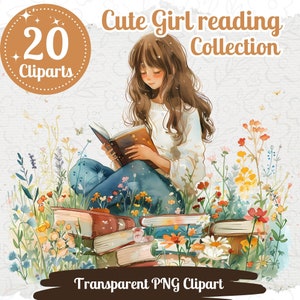 Cute Bookworm Girl Clipart 20 PNG Bundle Acquerello Lettura Grafica Colori pastello Libro Amante Clipart Ragazza che legge immagini