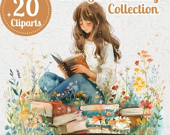 Bookworm Girl Watercolor Clipart Bundle: Reading in Wildflower Meadow (PNG)