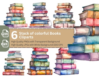 Watercolor Books Clipart: Colorful Stacks PNG Bundle (Digital Download)