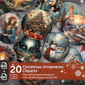 Christmas Round Ornament 20 PNG Bundle Sublimation Design Digital Paper Crafting Festive Junk Journal Kit Santa Graphics Winter Time Art
