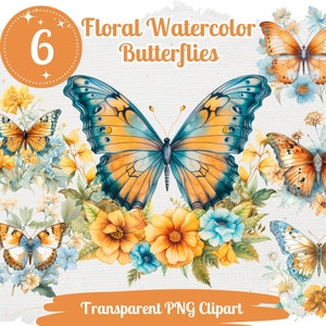 Floral Schmetterling Clipart 6 PNG Bundle Card Making Clip Art Digital Paper Craft Aquarell Schmetterling Sublimation Clipart Junk Journal Kit