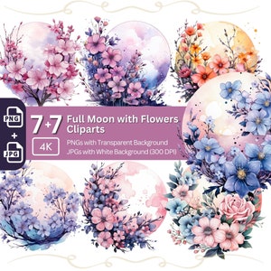 Pacchetto di clipart Luna piena con fiori PNG JPG Grafica fata Pastello Design di carte Luna piena Sublimazione Grafica floreale Carta artigianale Acquerello
