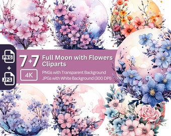 Full Moon with Flowers Clipart Bundle PNG JPG Fairy Graphics Pastel Card Design Full Moon Sublimation Graphic Floral Paper Craft Watercolor