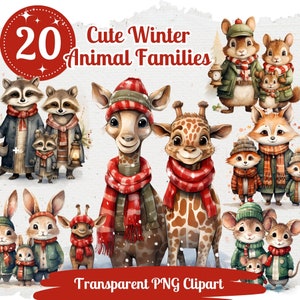 Lindo invierno animales familias clipart 20 PNG paquete Navidad acuarela imágenes temporada niños libro ilustraciones tarjeta haciendo familia de Navidad