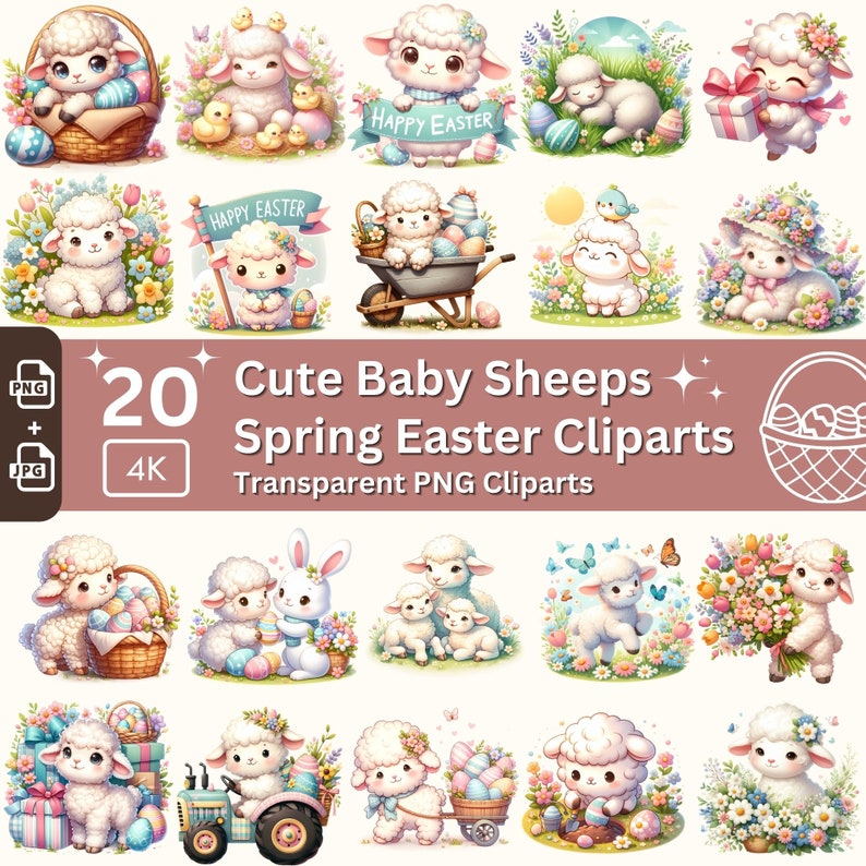 Cute Easter Lamb Cliparts 20 PNG Bundle Lovely Pastel Easter Baby Sheeps Card Crafting Junk Journal Kit Happy Easter Spring Graphic image 2