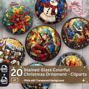 Lot de 20 décorations de vitrail de Noël PNG, sublimation colorée, rond festif, décoration de Noël Clipart