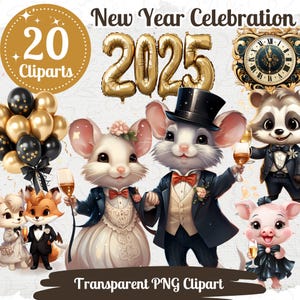 Pacote de clipart de comemoração de ano novo 20 PNG Cute Kawaii Cartoon Animals Festa festiva Preto e dourado Design de festa de véspera de ano novo 2025