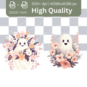 Retro Ghost Clipart Bundle: Floral Halloween PNG, JPG (Commercial Use) image 3