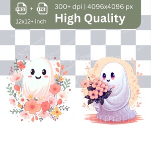 Retro Ghost Clipart Bundle: Floral Halloween PNG, JPG (Commercial Use) image 4
