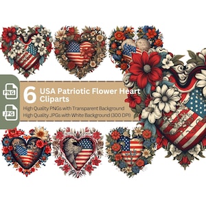 USA Patriotic Flower Heart PNG Clip Art Bundle Sublimation Tumbler Design 4th of July Card Making Shirt Design Independence Day Clipart