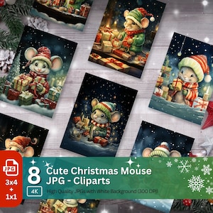 Lindo ratón con regalos Clipart 8 JPG Linda tarjeta de Navidad Papel gráfico Elaboración de ilustraciones Tarjetas navideñas Taza y vaso Diseño gráfico