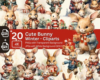Clipartbundel kersthaas: feestelijke winterdieren (PNG, JPG)