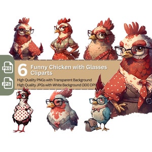 Pollo divertente con occhiali 6x PNG Clip Art Bundle Sublimazione e stampa clipart su camicie tazze carte Wall Art Paper Crafting Children Clipart