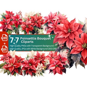 Buquê de poinsétia 7 + 7 PNG Clip Art Bundle Decoração de Natal Digital Crafts Design Holiday Graphic Clipart Decoração de inverno Arte