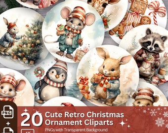 Retro Christmas Animal Ornament Clipart: PNG Sticker Bundle (Digital Download)