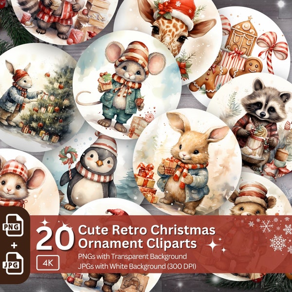 Retro Christmas Ornaments 20 PNG Printable Bundle Sublimation Design Festive Round Stickers Cute Animal Christmas Decoration Clipart