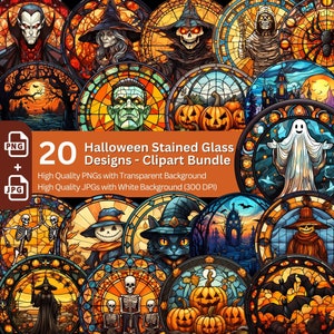 Halloween Stained Glass Cliparts 20x PNG Bundle Gothic Halloween Design Card Making Paper Crafting Book Clipart Scrapbook Graphics