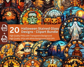 Halloween Stained Glass Cliparts 20x PNG Bundle Gothic Halloween Design Card Making Paper Crafting Book Clipart Scrapbook Graphics