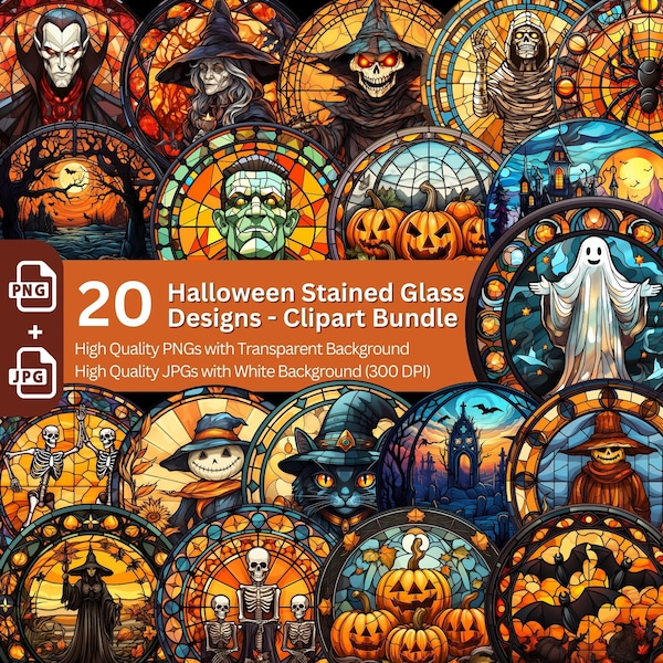 Halloween Stained Glass Cliparts 20x PNG Bundle Gothic Halloween Design Card Making Paper Crafting Book Clipart Scrapbook Graphics