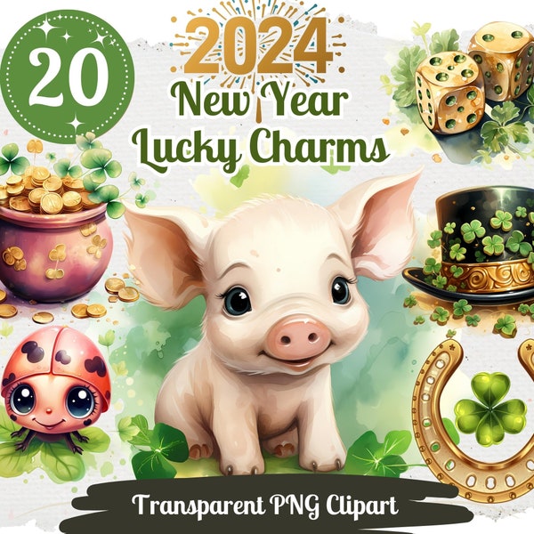 Glücksbringer Cliparts 20 PNG Bundle Festliche Neujahr Feier Geschenke Niedliche Neujahr Wünsche Aquarell Grafik Glückwünsche für 2024